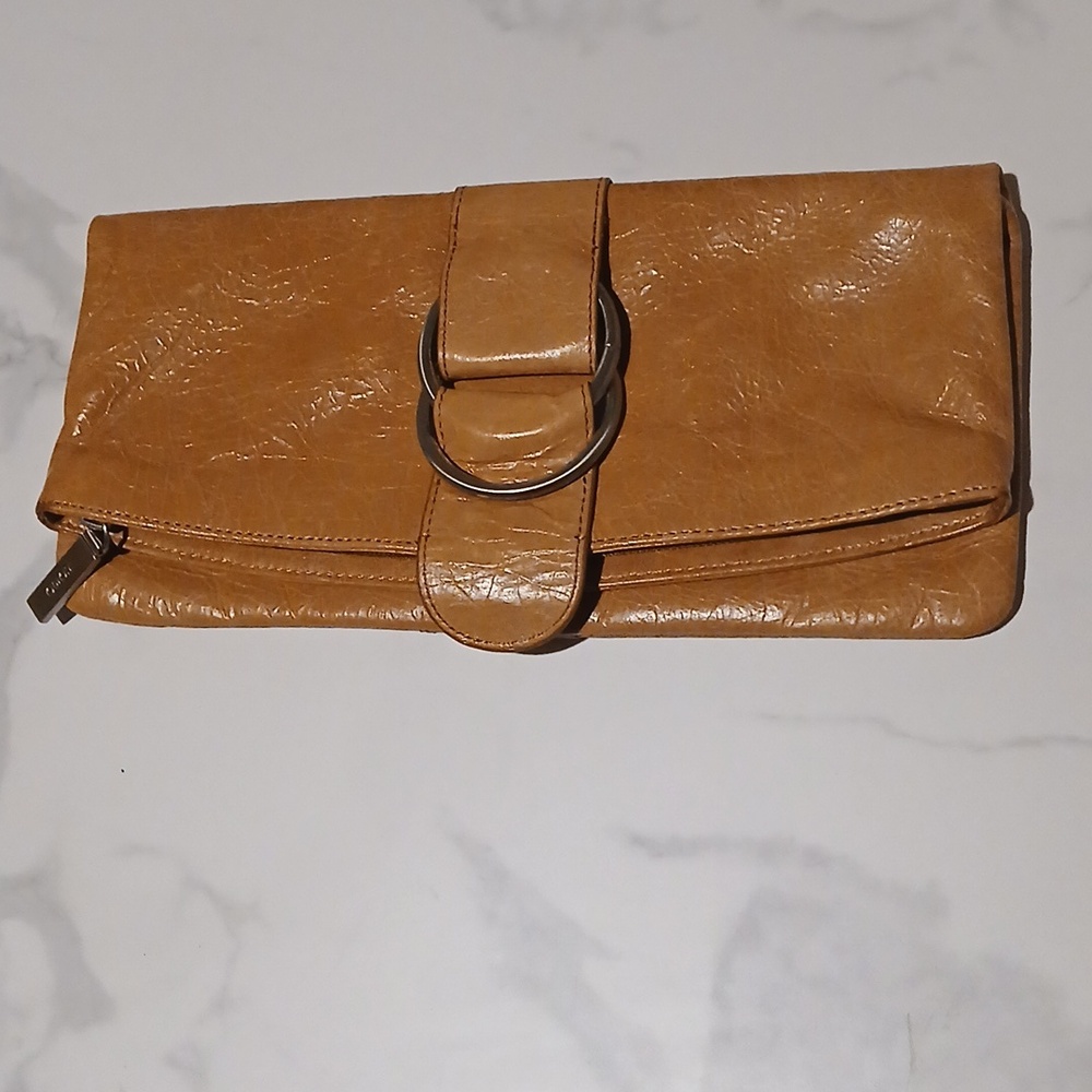 Rare Hobo Vintage Tan Distressed Leather Clutch Foldover Luxe
